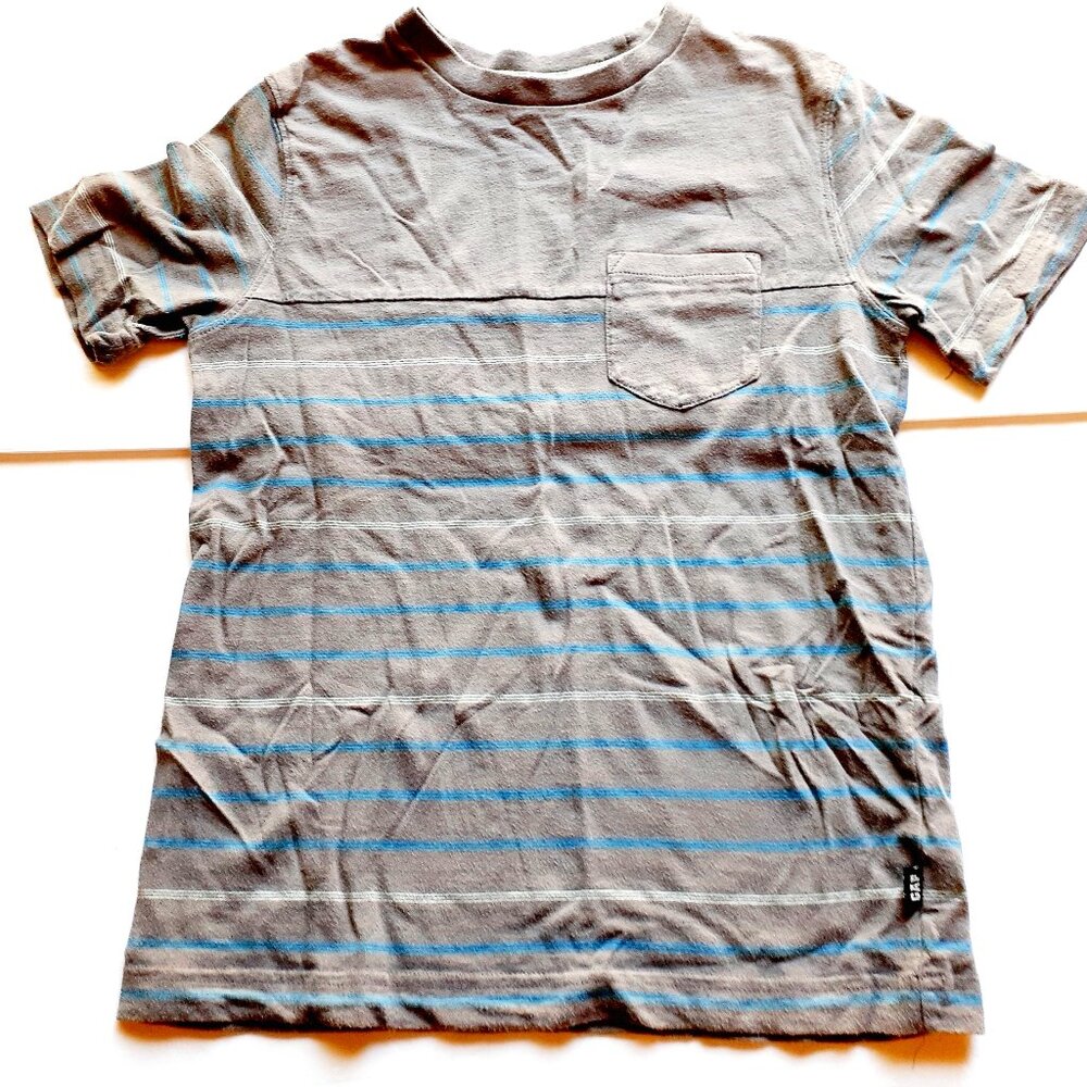 Gap Boys T-Shirt Gray Blue Stripe Pocket Short Sleeve Large 10